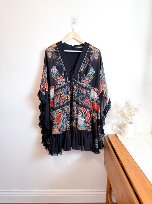 Roberto Cavalli Designer "Piano Shawl Silk Print Ruffle Dress" (Size M)