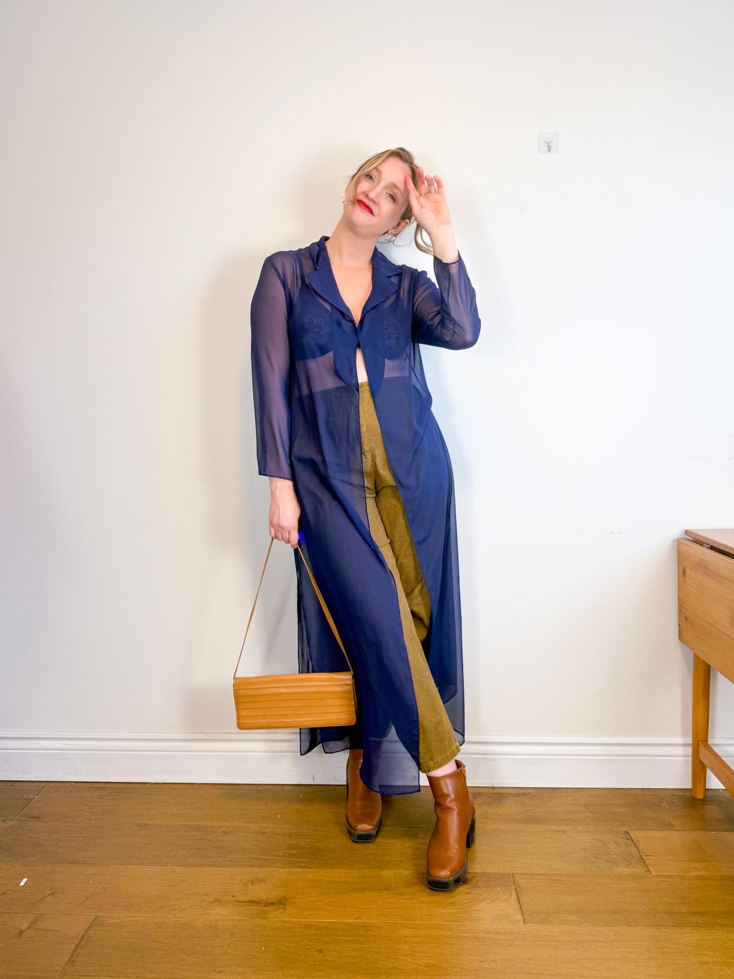 Vintage Long Sheer Blouse in Navy (Size M/L)