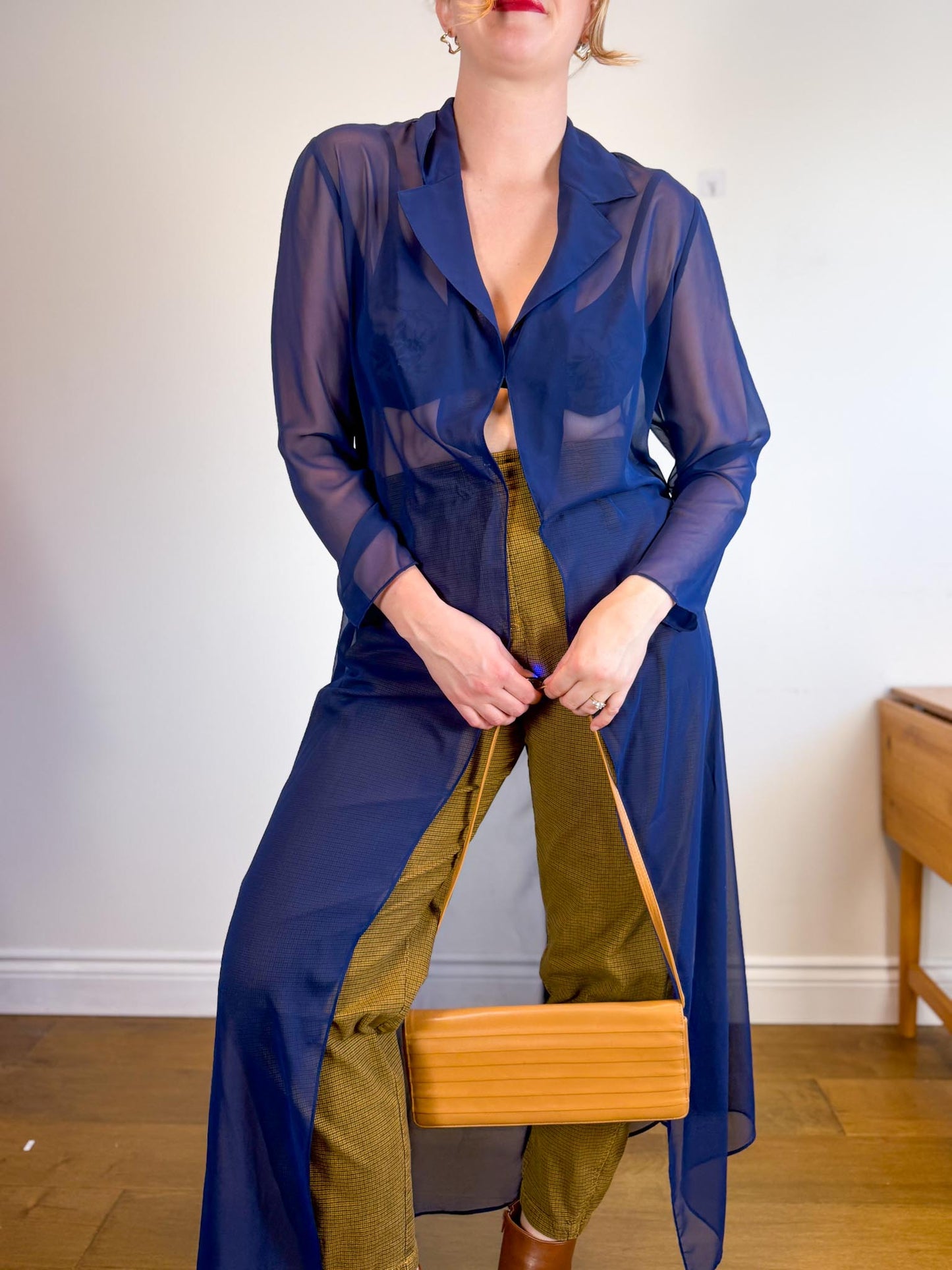 Vintage Long Sheer Blouse in Navy (Size M/L)