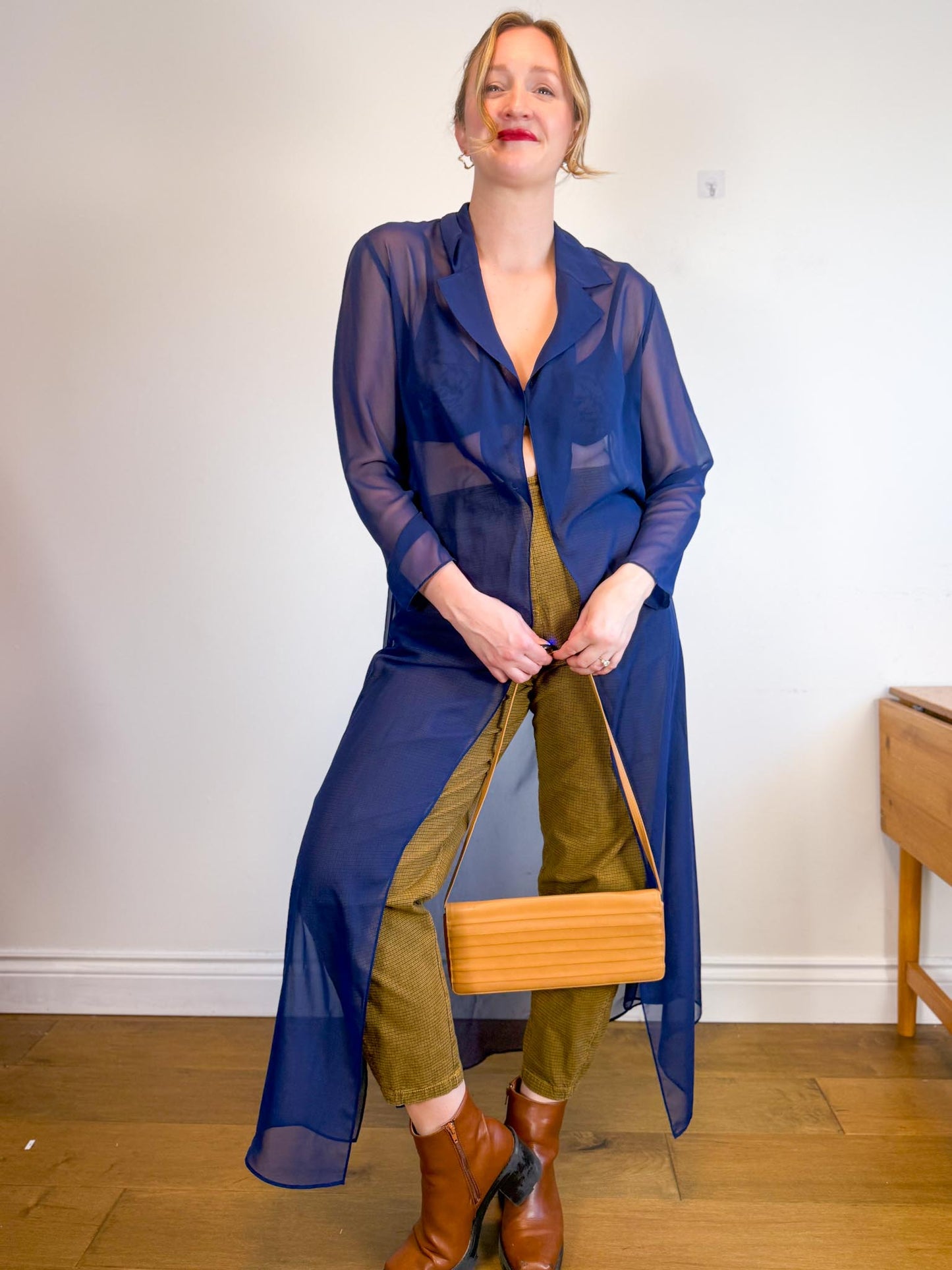 Vintage Long Sheer Blouse in Navy (Size M/L)