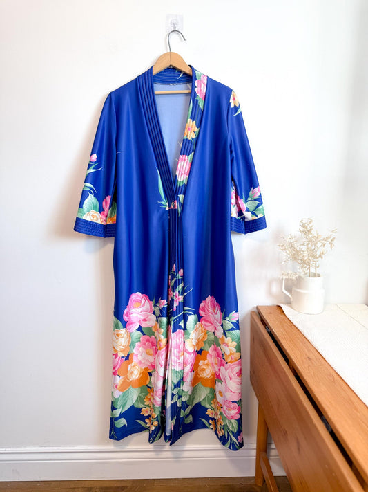 Vintage Robe / Duster Jacket in Blue/Floral Print (Size L)