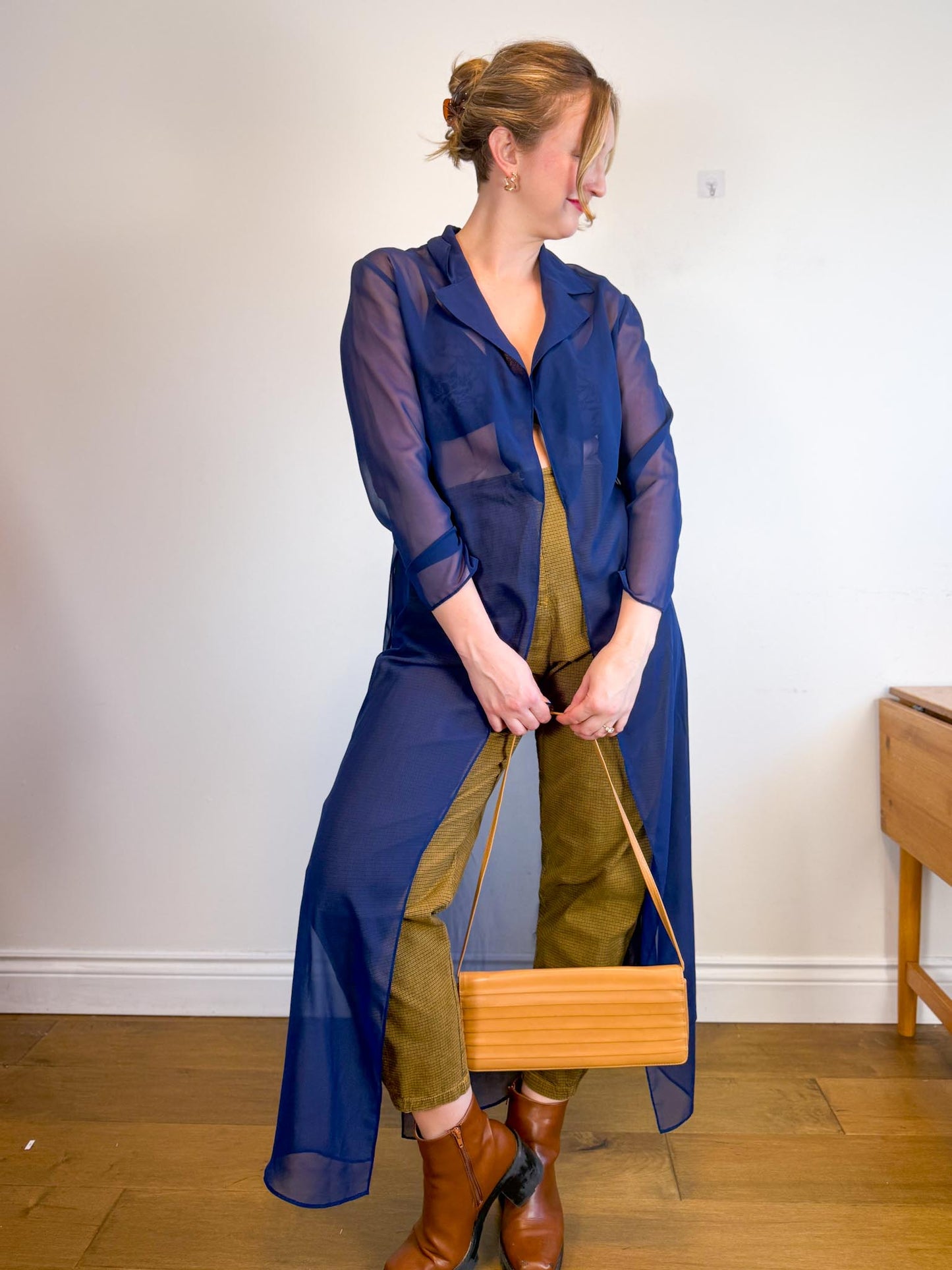 Vintage Long Sheer Blouse in Navy (Size M/L)