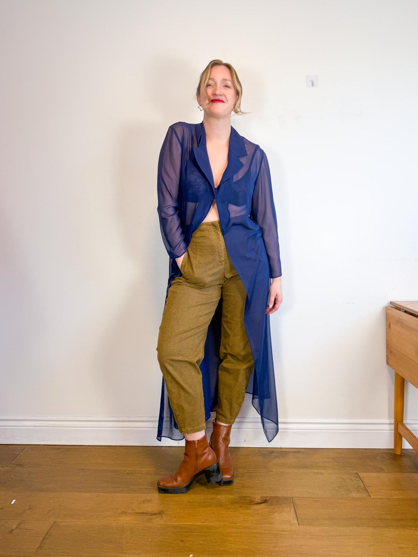 Vintage Long Sheer Blouse in Navy (Size M/L)