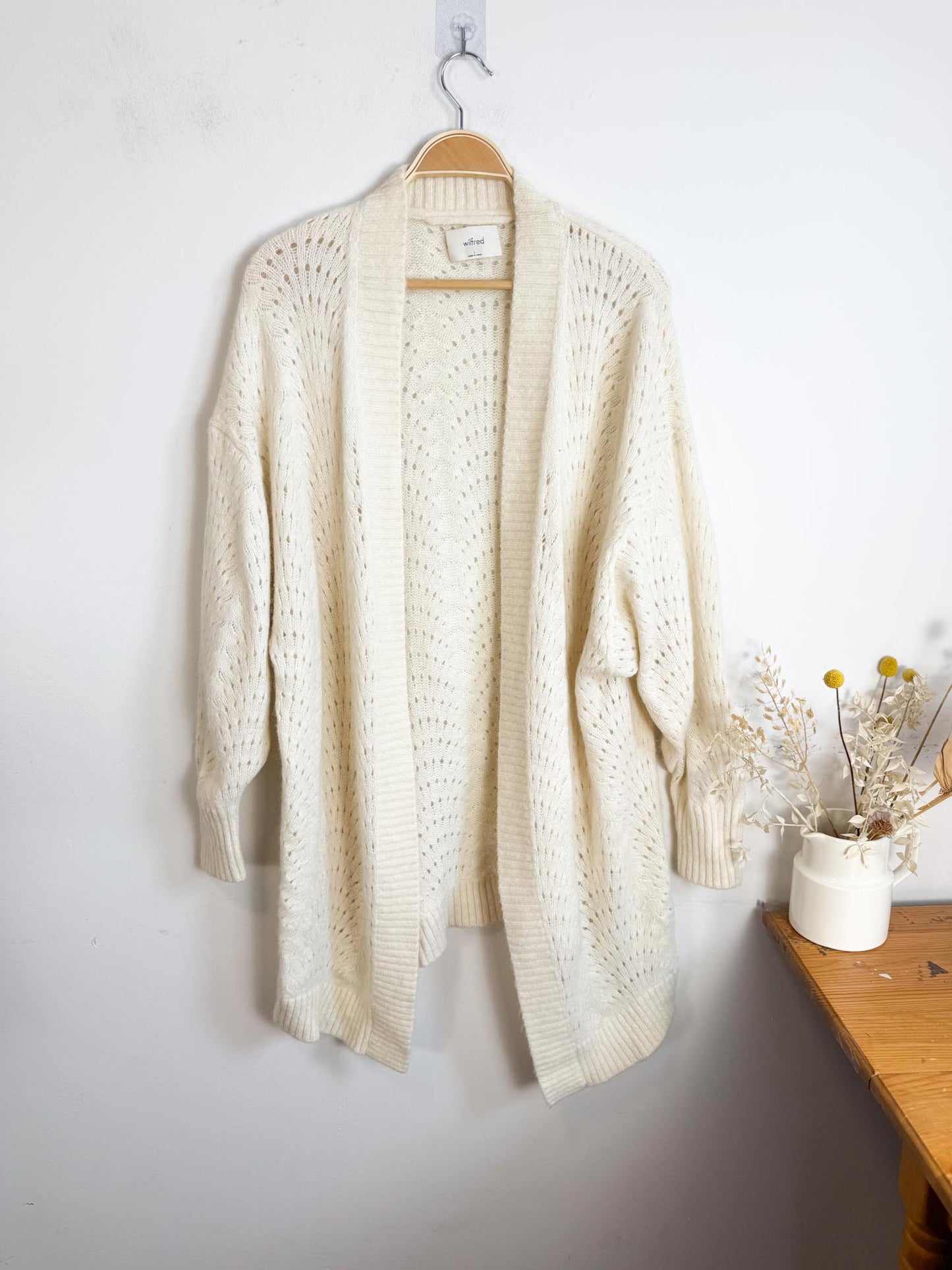 Wilfred Alpaca Long Crochet Knit Cardigan in Cream (Size L)