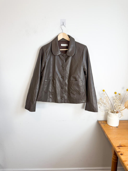 Aaron & Amber "Jules Peterpan Collar Faux Leather Jacket in Dark Brown" NWT (Size L)