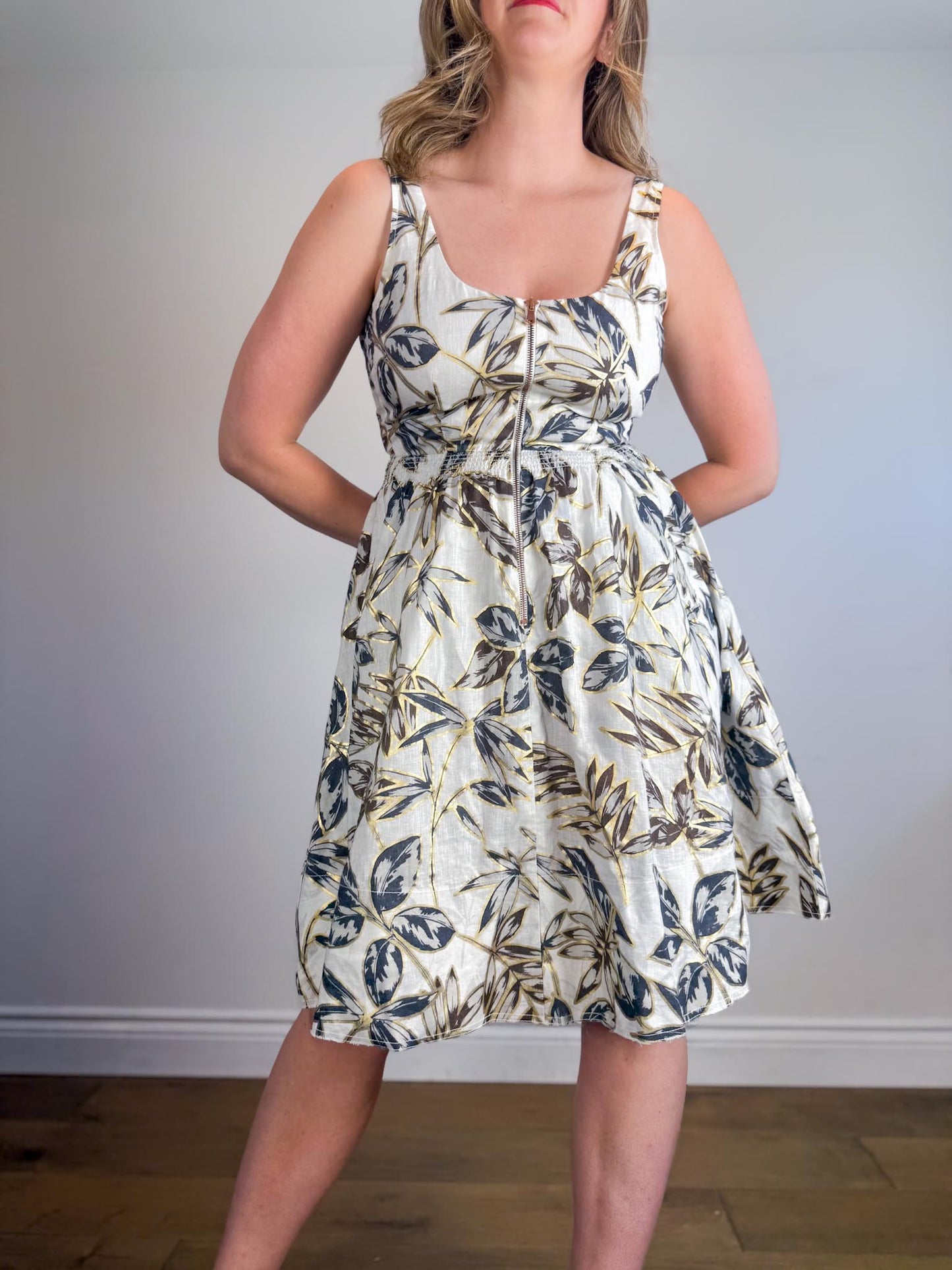 J.Crew Fit & Flare Gold Foil Leal Print Linen Dress (Size M/L)