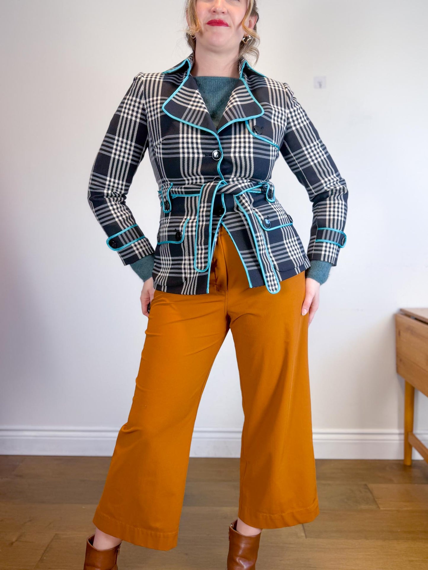 Nine West Aqua Plaid Trench Coat (Size S/M)