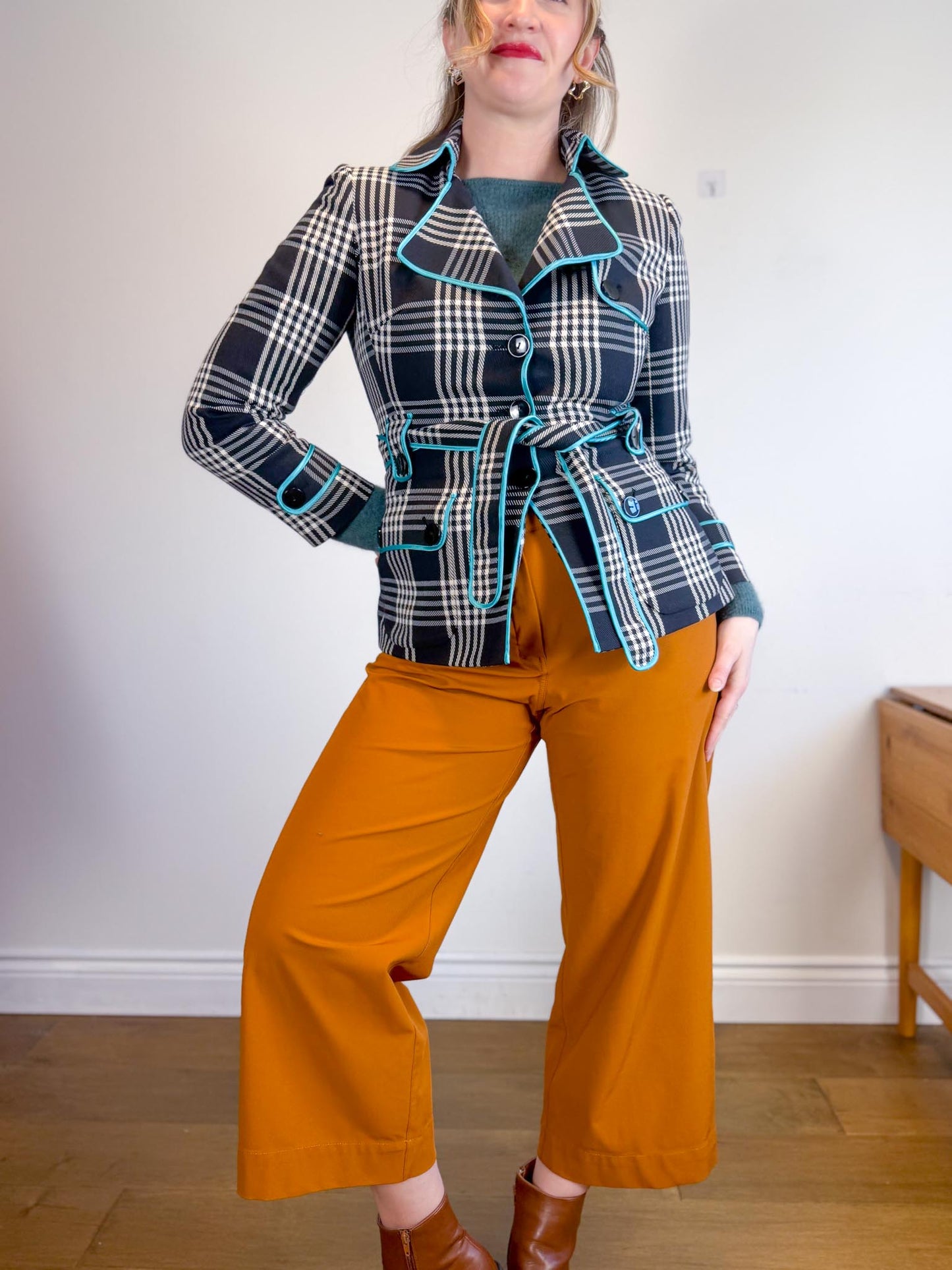 Nine West Aqua Plaid Trench Coat (Size S/M)