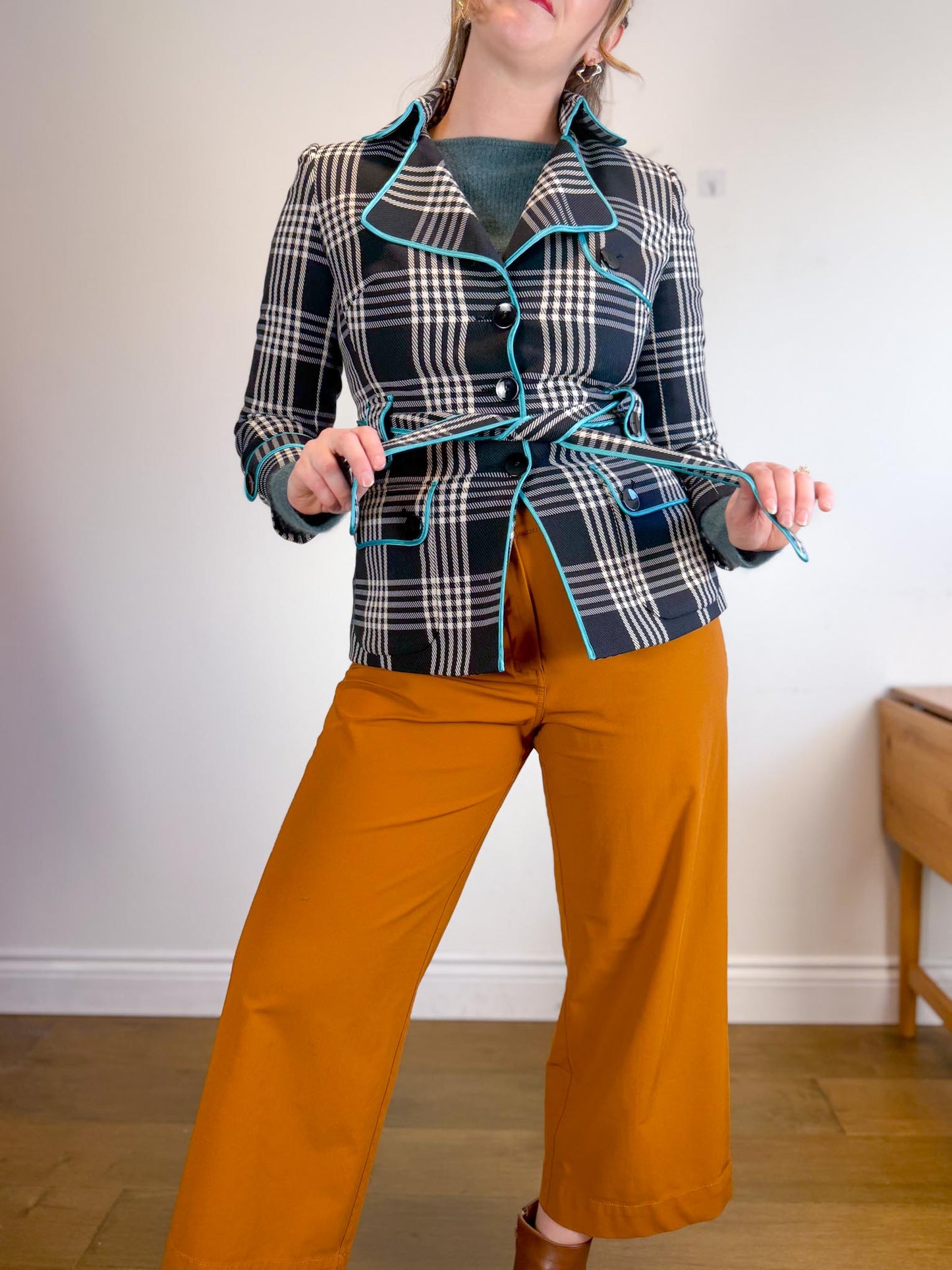 Nine West Aqua Plaid Trench Coat (Size S/M)