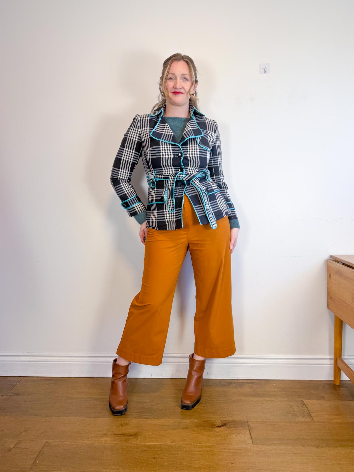 Nine West Aqua Plaid Trench Coat (Size S/M)