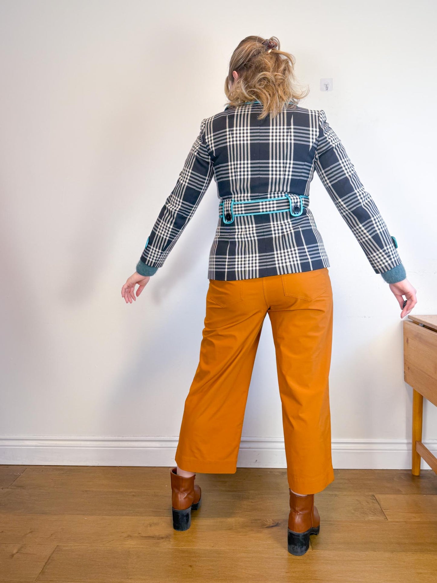 Nine West Aqua Plaid Trench Coat (Size S/M)