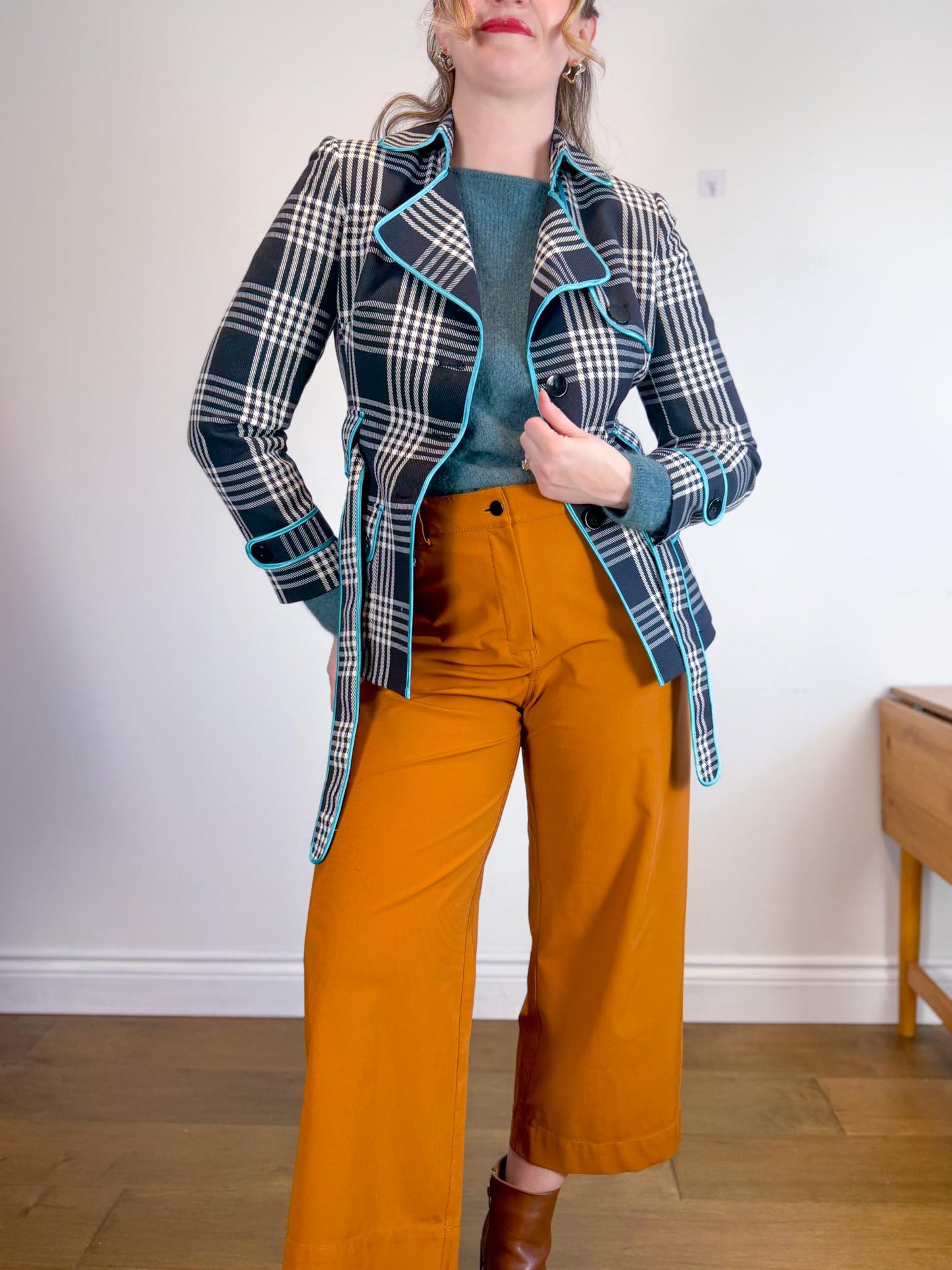 Nine West Aqua Plaid Trench Coat (Size S/M)