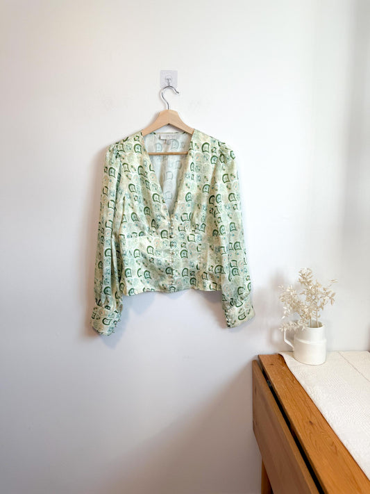 Never Fully Dressed Satin Cropped Blouse in Green Print (Size L)