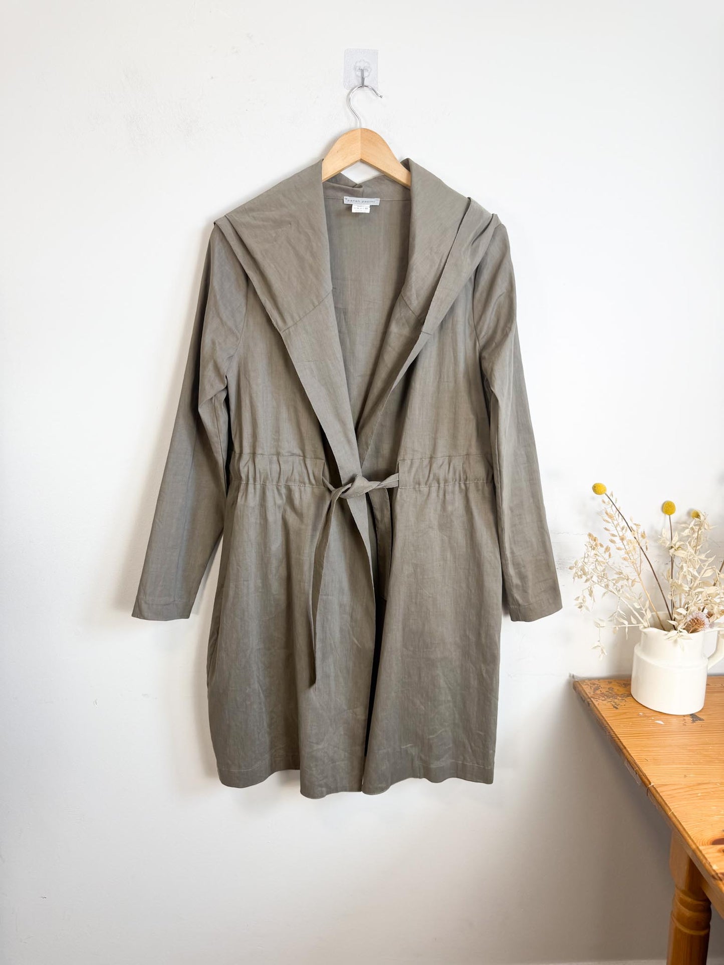 Sarah Pacini Designer Hooded Linen Trench Coat in Grey (Size S/M)
