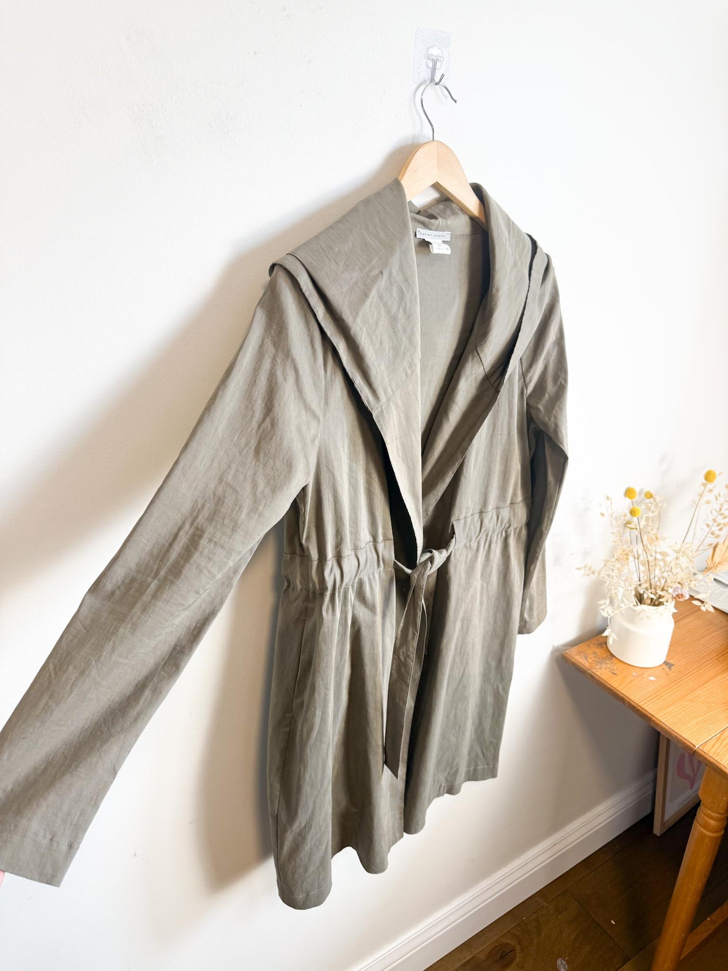 Sarah Pacini Designer Hooded Linen Trench Coat in Grey (Size S/M)