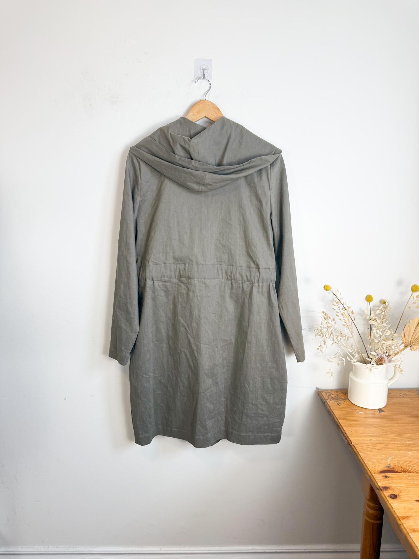 Sarah Pacini Designer Hooded Linen Trench Coat in Grey (Size S/M)