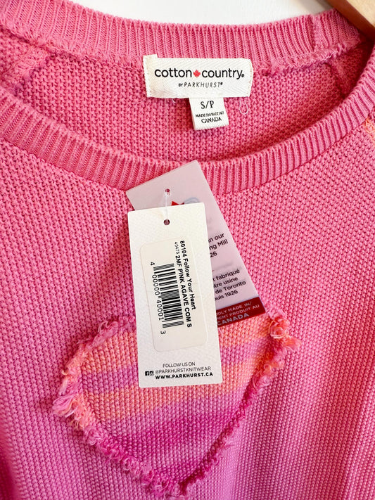 Cotton Country "Follow Your Heart Sweater in Pink" NWT (Size S)