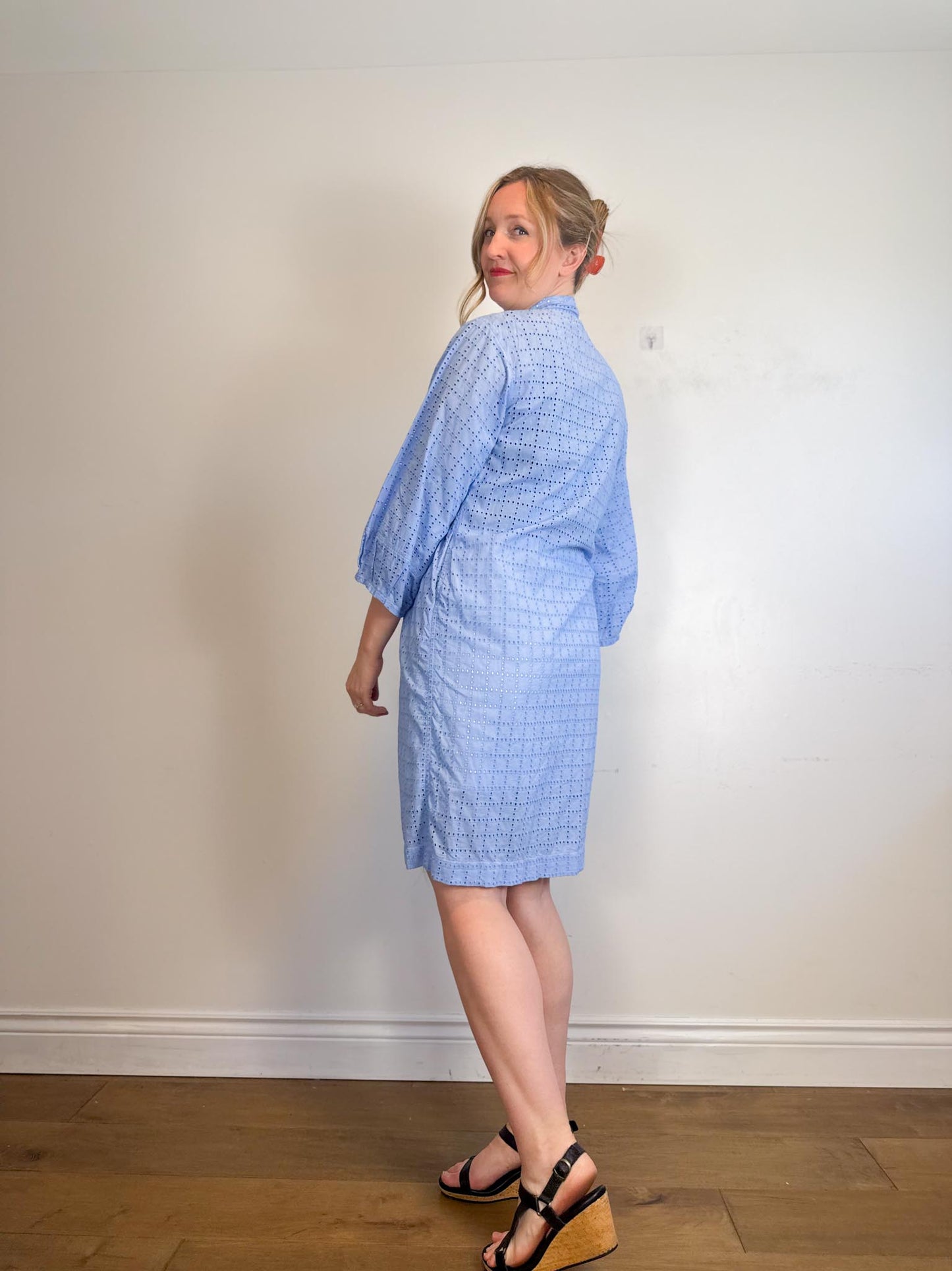 Diana Coatsworth Design Eyelet Duster Jacket in Blue (Size M)