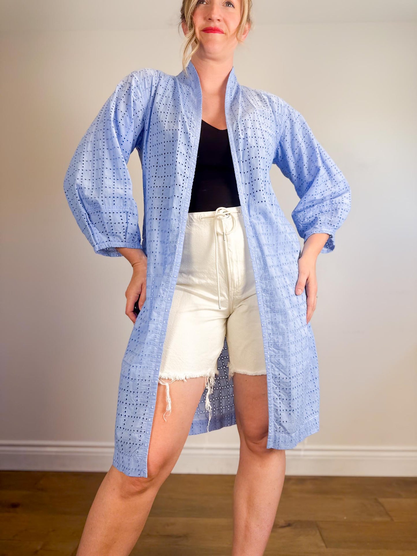 Diana Coatsworth Design Eyelet Duster Jacket in Blue (Size M)