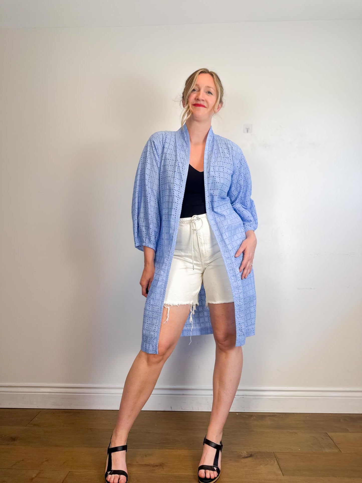 Diana Coatsworth Design Eyelet Duster Jacket in Blue (Size M)