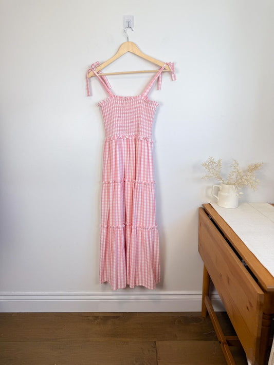 Aaron & Amber Smocked Maxi Dress in Pink Gingham (Size M)