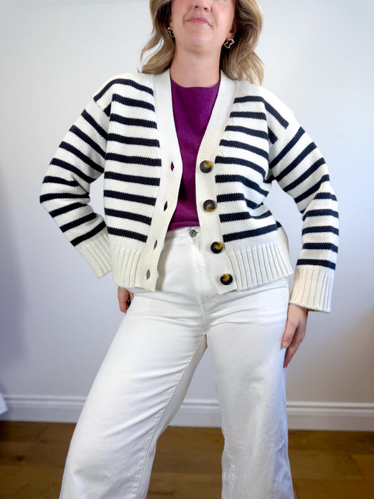 Sezane "Wilson Cardigan" in Ecru/Marine (Size S/M)