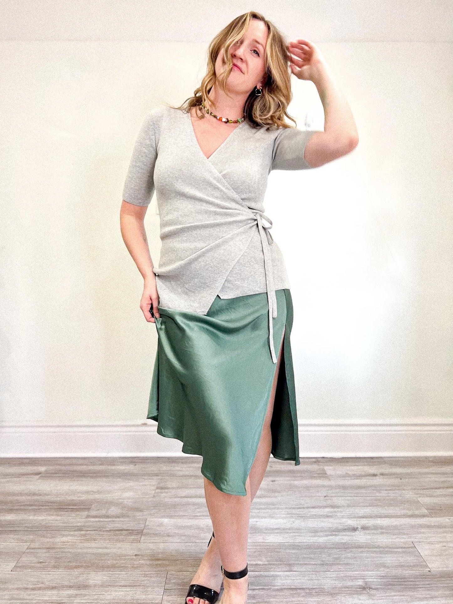 House of Harlow 1960 Satin Midi Skirt with Side Slit in Green (Size M/L)