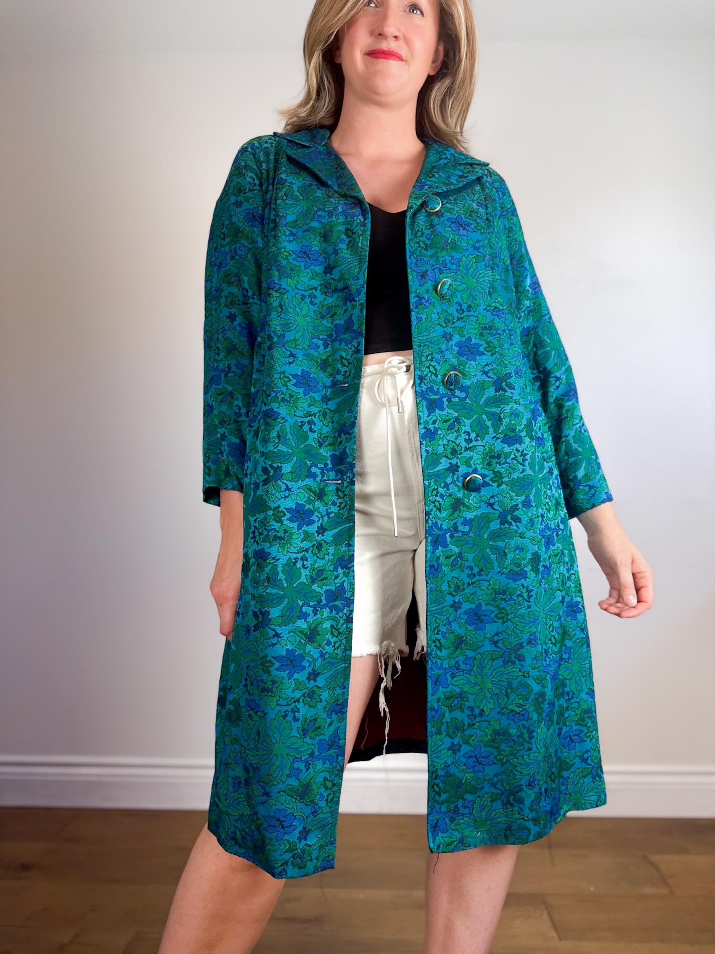 Vintage 1970s Brown Fashions Coat by Gabor Winnipeg Jacket in Floral Teal(Size M/L)