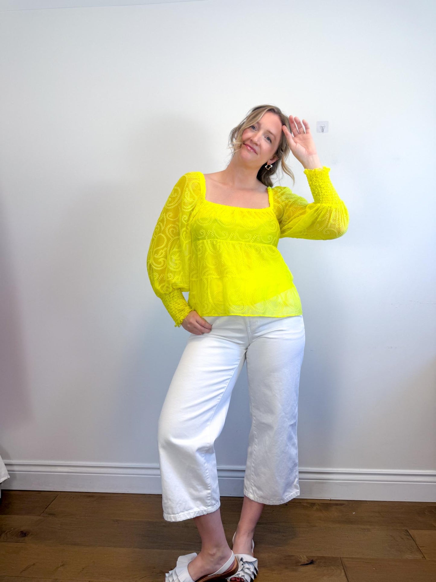 Alice & Olivia Eyelet Puff Sleeve Blouse in Neon Yellow (Size M)