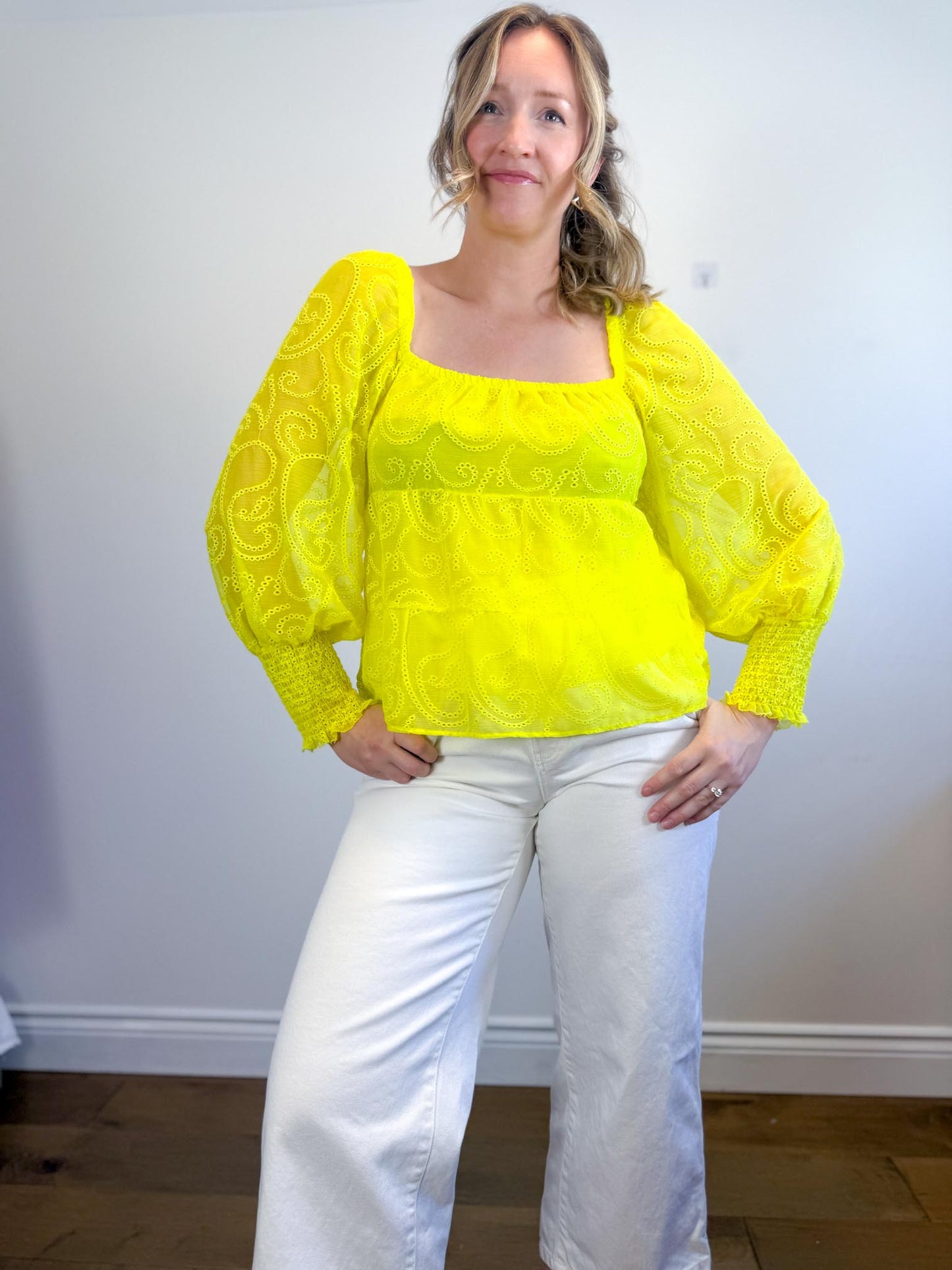 Alice & Olivia Eyelet Puff Sleeve Blouse in Neon Yellow (Size M)
