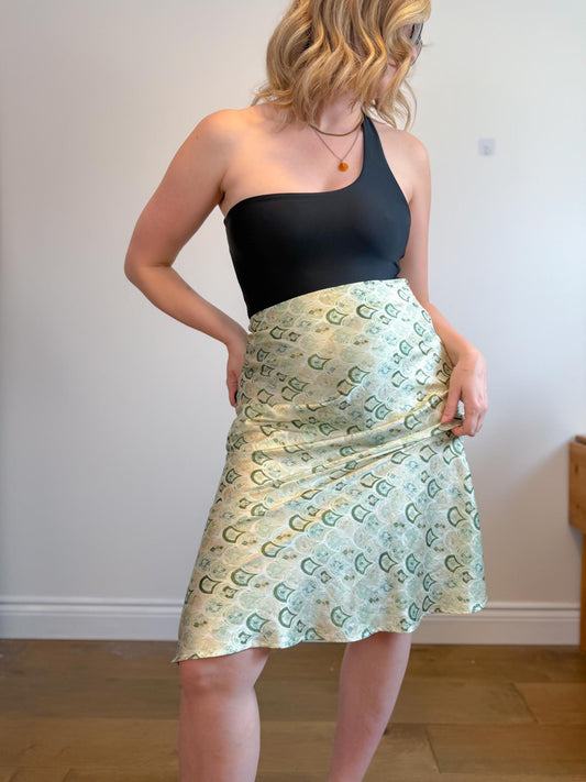 Never Fully Dressed Satin Midi Skirt in Green Print (Size L)
