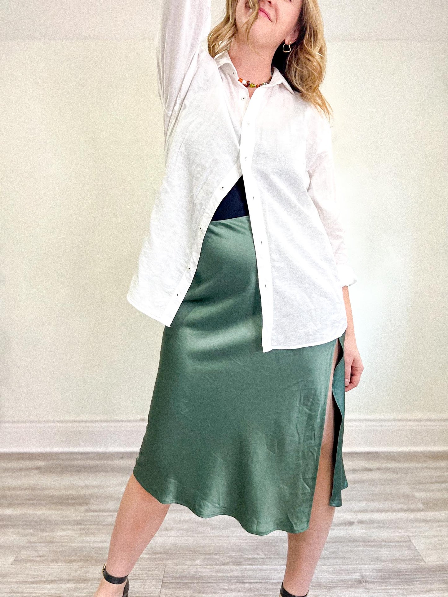 House of Harlow 1960 Satin Midi Skirt with Side Slit in Green (Size M/L)