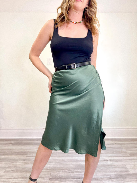 House of Harlow 1960 Satin Midi Skirt with Side Slit in Green (Size M/L)