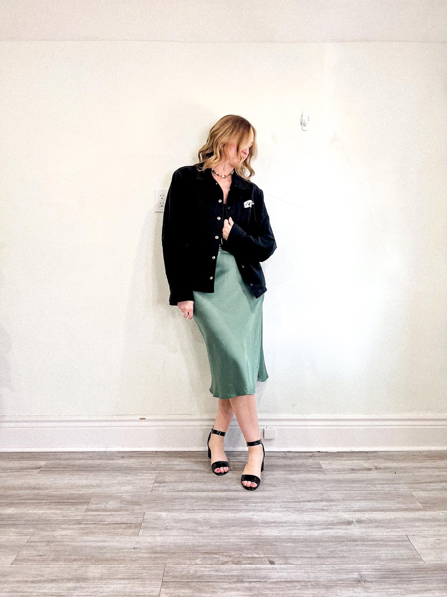 House of Harlow 1960 Satin Midi Skirt with Side Slit in Green (Size M/L)