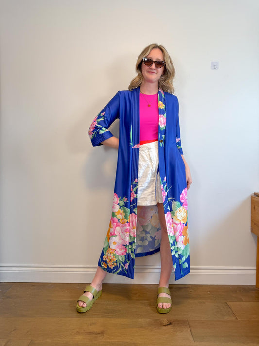 Vintage Robe / Duster Jacket in Blue/Floral Print (Size L)