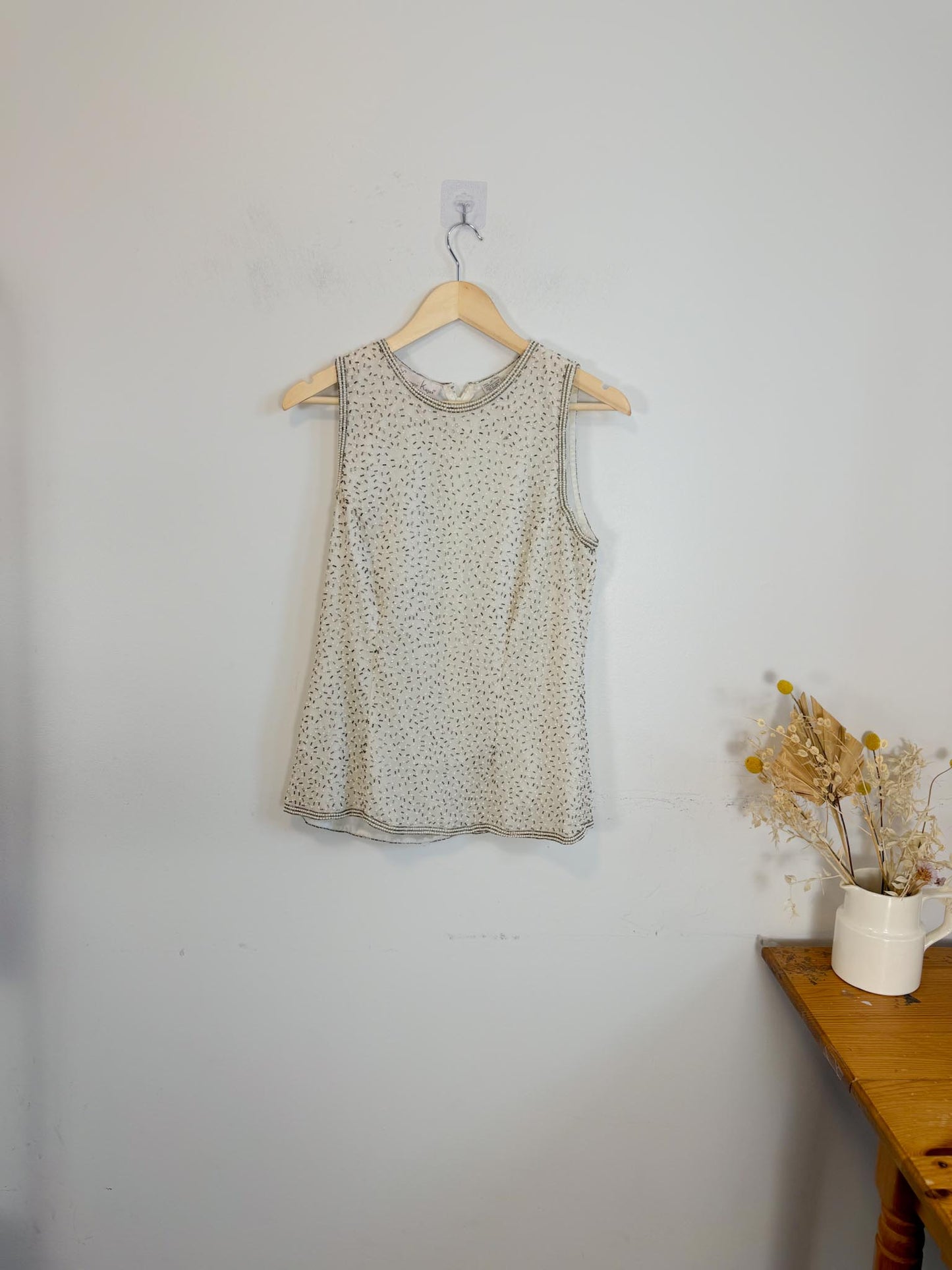 Vintage 90s Laurence Kagan Silk Bejeweled Sleeveless Top (Size M/L)