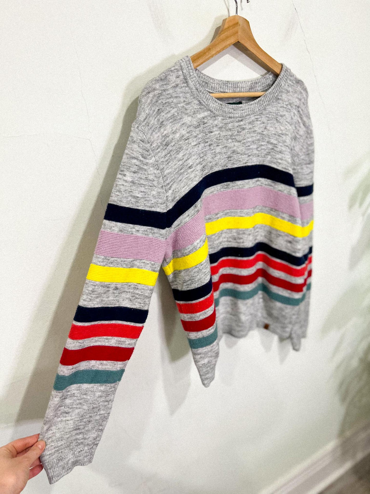 Roots Multi Colour Stripe Crewneck in Heathered Grey (Size L)