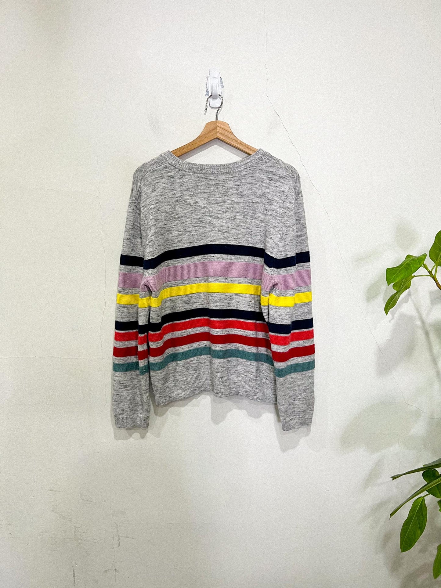 Roots Multi Colour Stripe Crewneck in Heathered Grey (Size L)