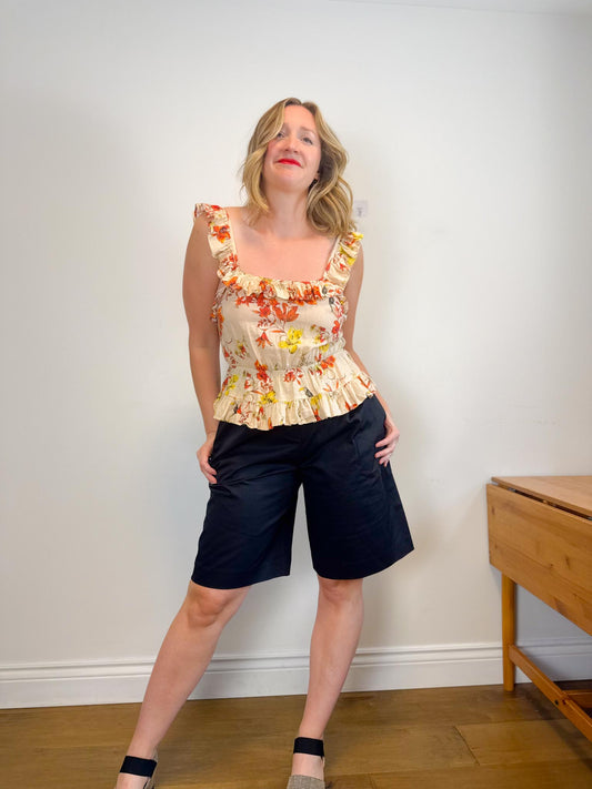 dRA Los Angeles Linen Ruffled Tank in Floral/Tucan Print (Size S)