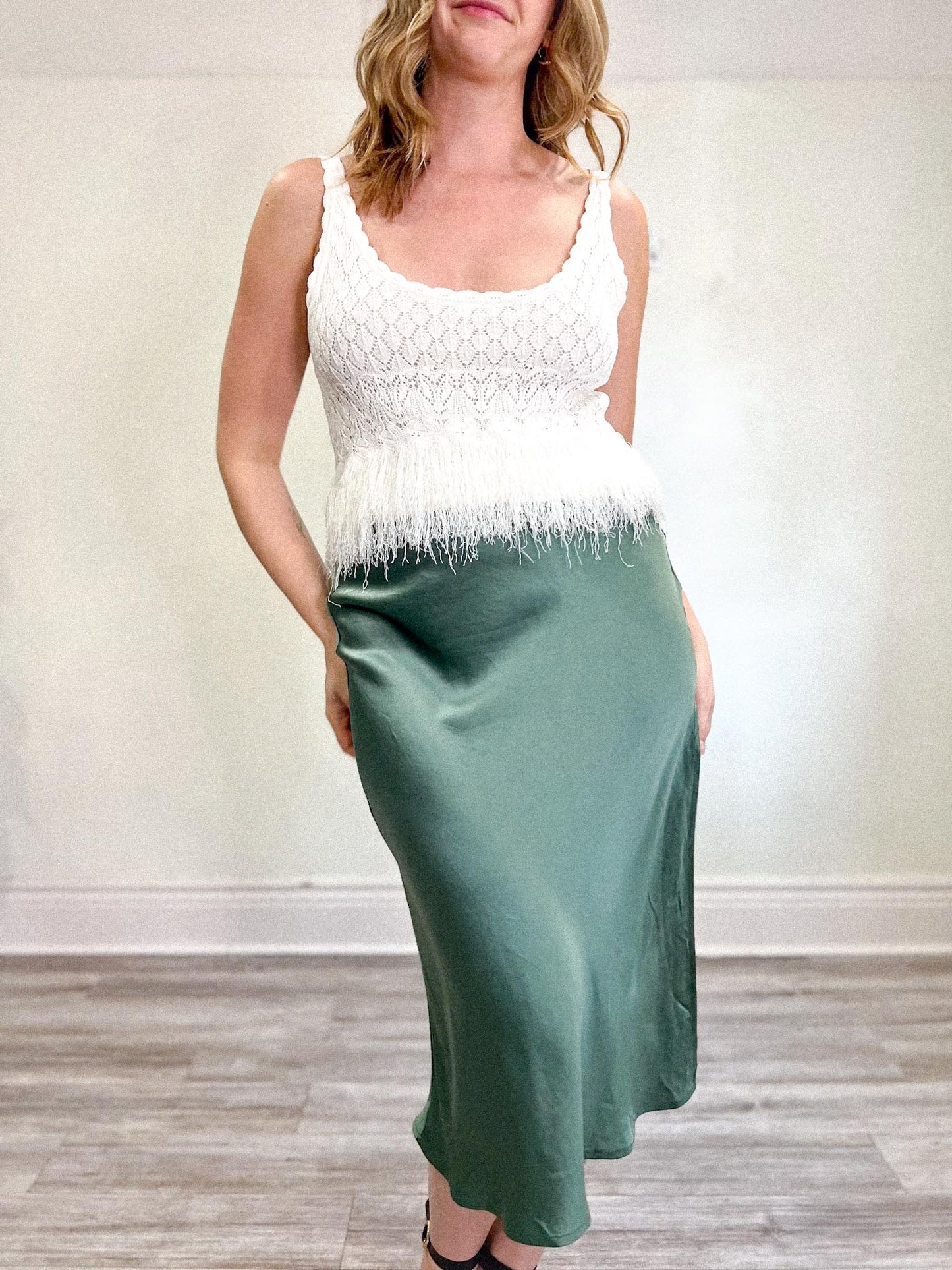 House of Harlow 1960 Satin Midi Skirt with Side Slit in Green (Size M/L)