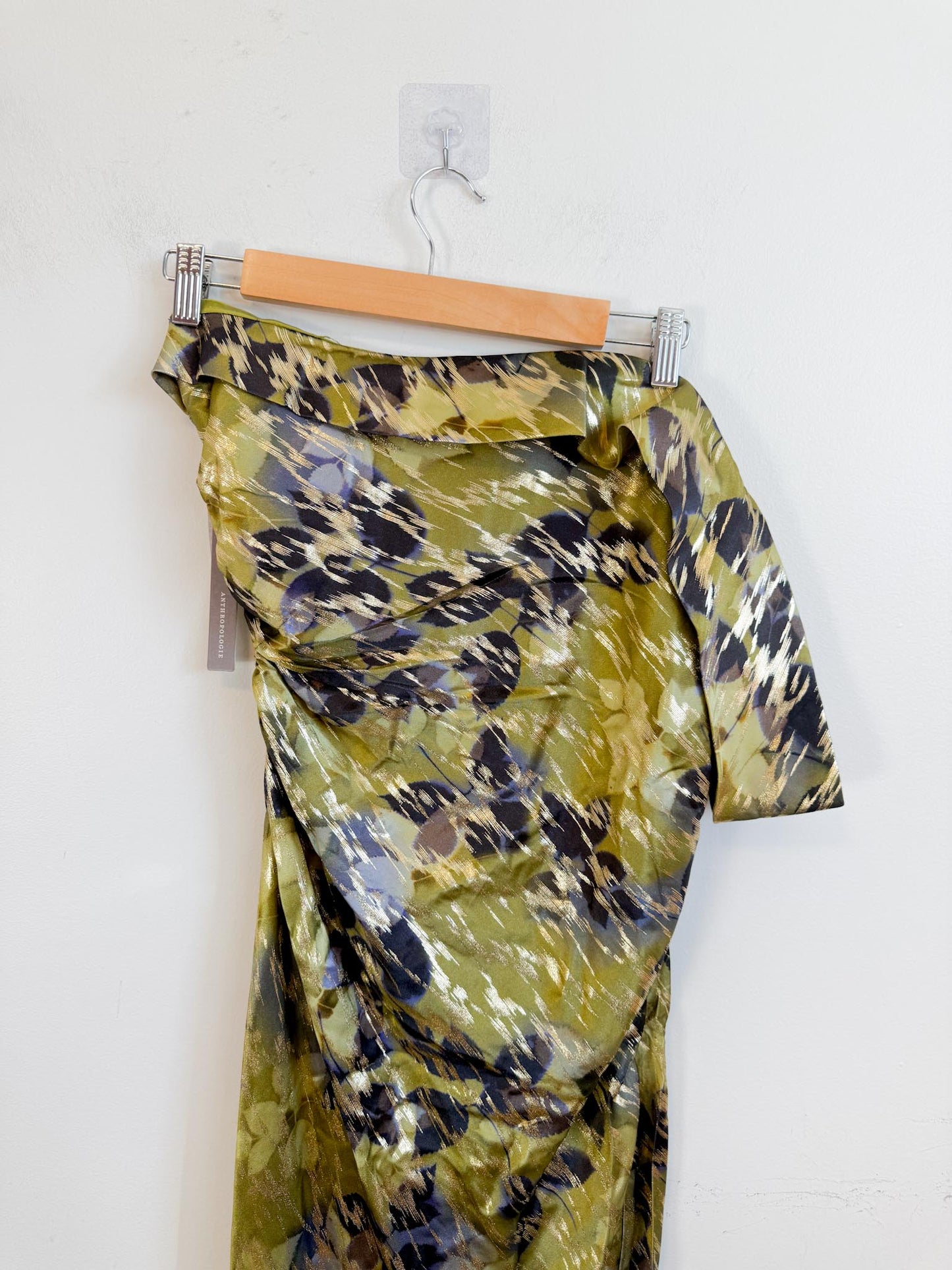 Anthropologie "One-Shoulder Printed Slim Midi Dress in Green/Gold" NWT (Size XL)