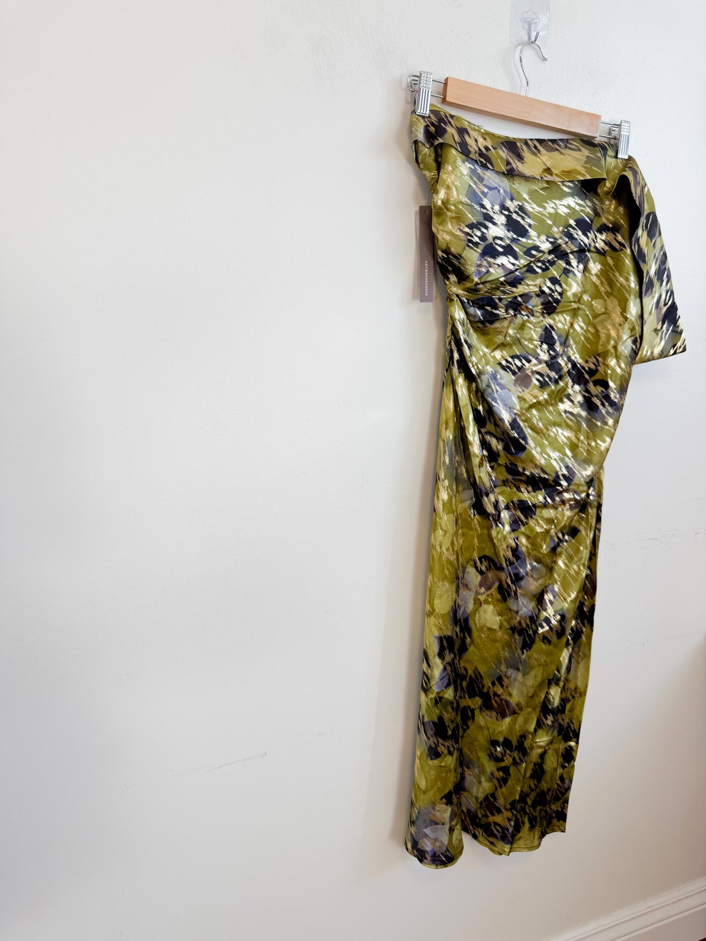 Anthropologie "One-Shoulder Printed Slim Midi Dress in Green/Gold" NWT (Size XL)
