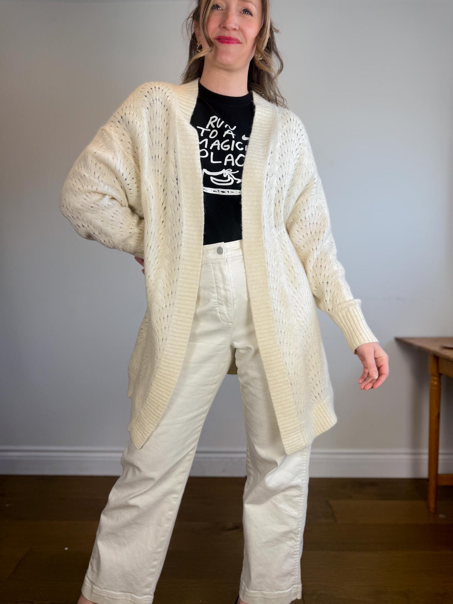 Wilfred Alpaca Long Crochet Knit Cardigan in Cream (Size L)