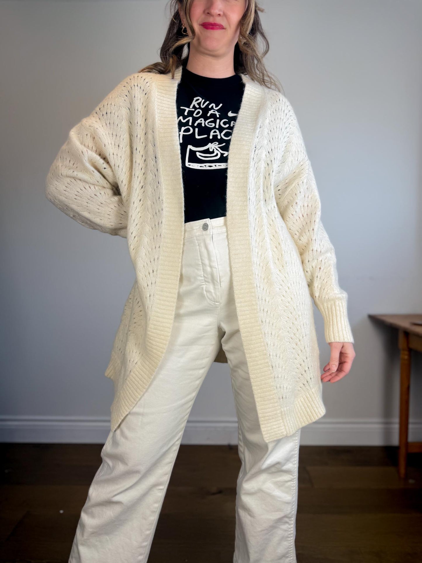 Wilfred Alpaca Long Crochet Knit Cardigan in Cream (Size L)