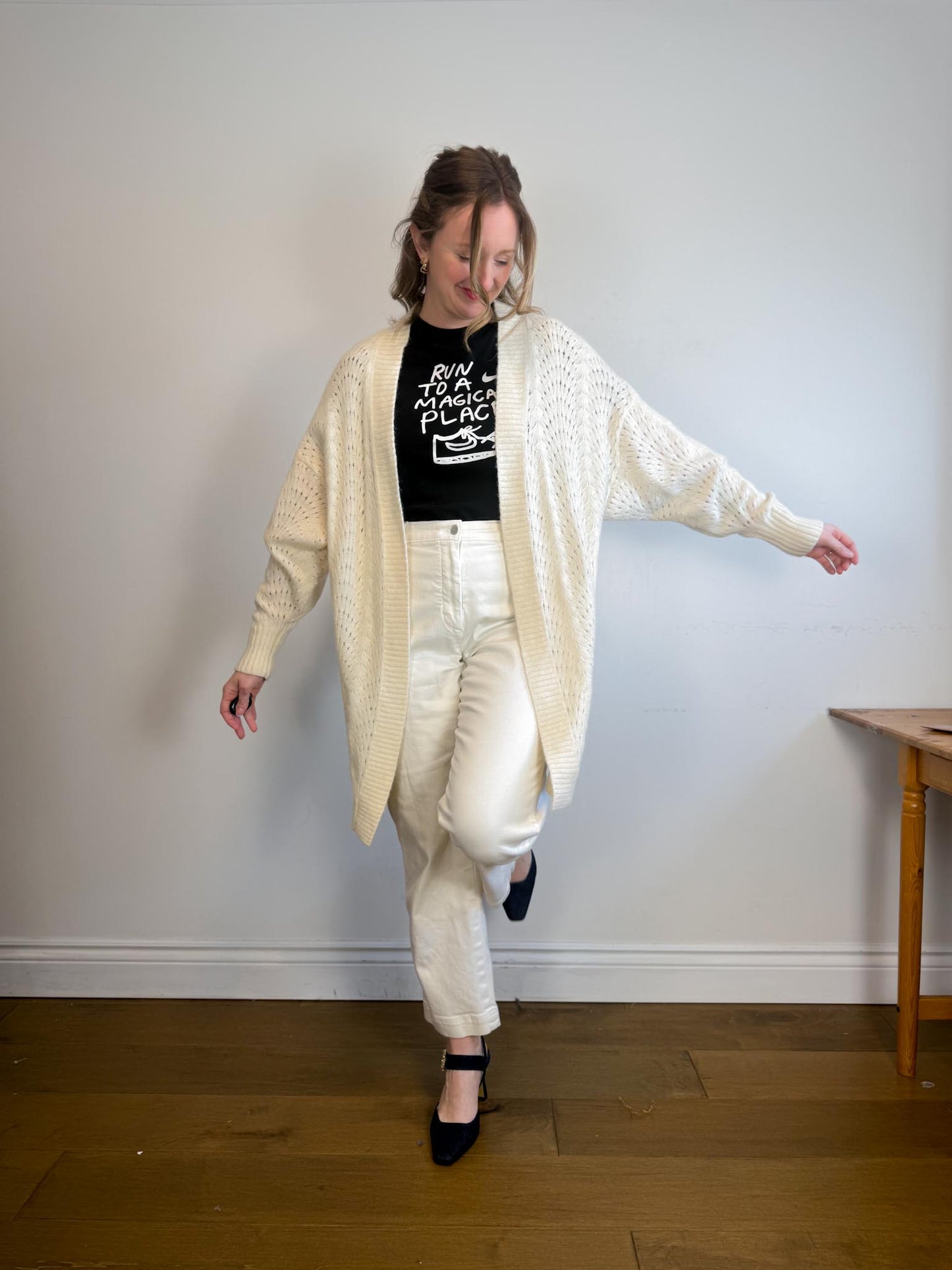 Wilfred Alpaca Long Crochet Knit Cardigan in Cream (Size L)