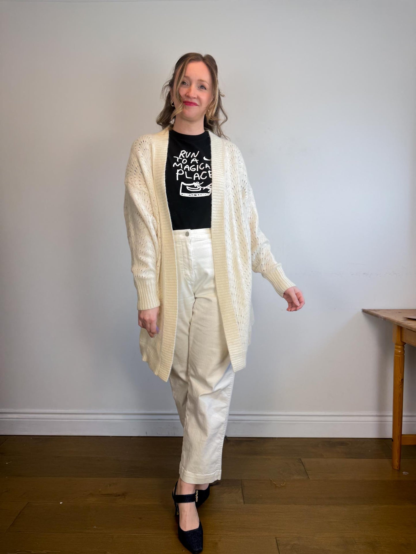 Wilfred Alpaca Long Crochet Knit Cardigan in Cream (Size L)
