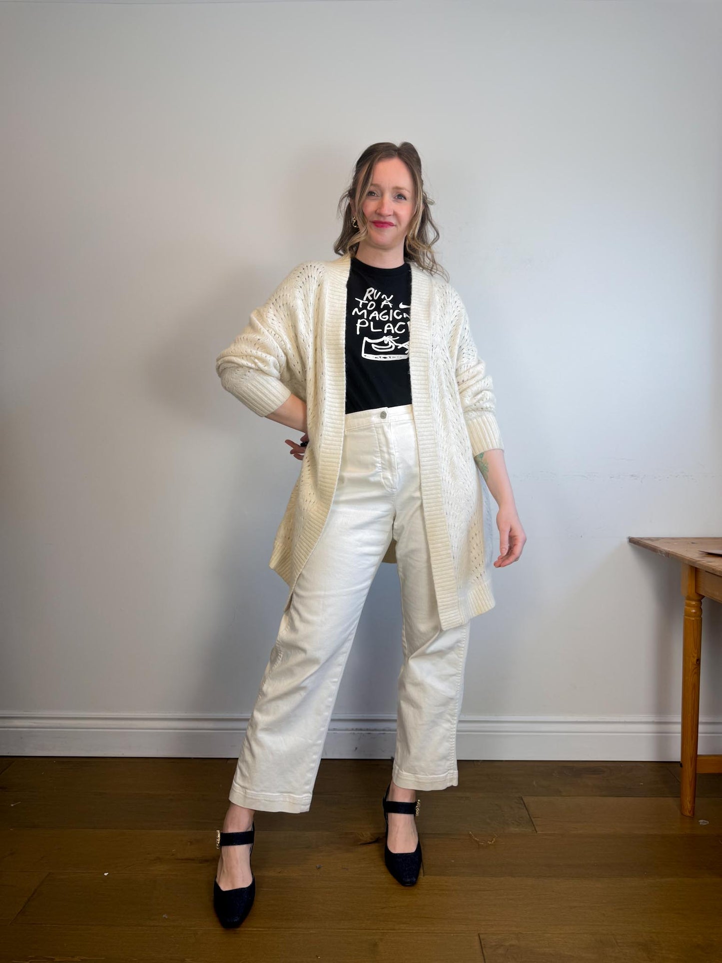 Wilfred Alpaca Long Crochet Knit Cardigan in Cream (Size L)