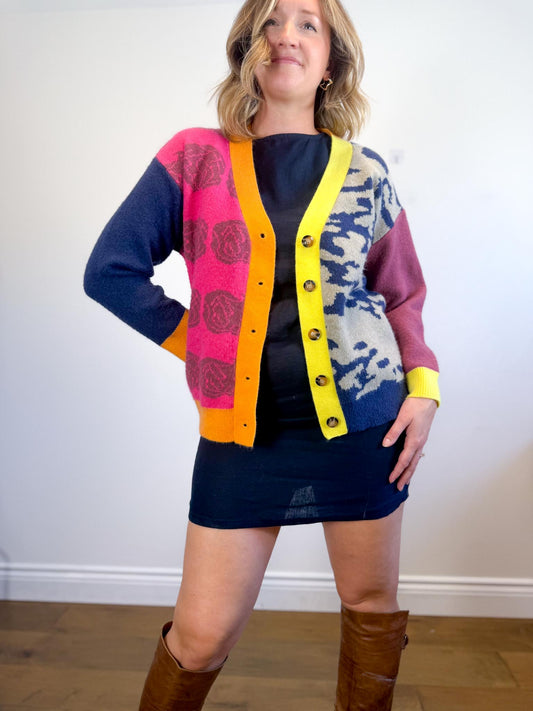 MDM Patchwork Cardigan in Hot Pink/Navy (Size S-L)