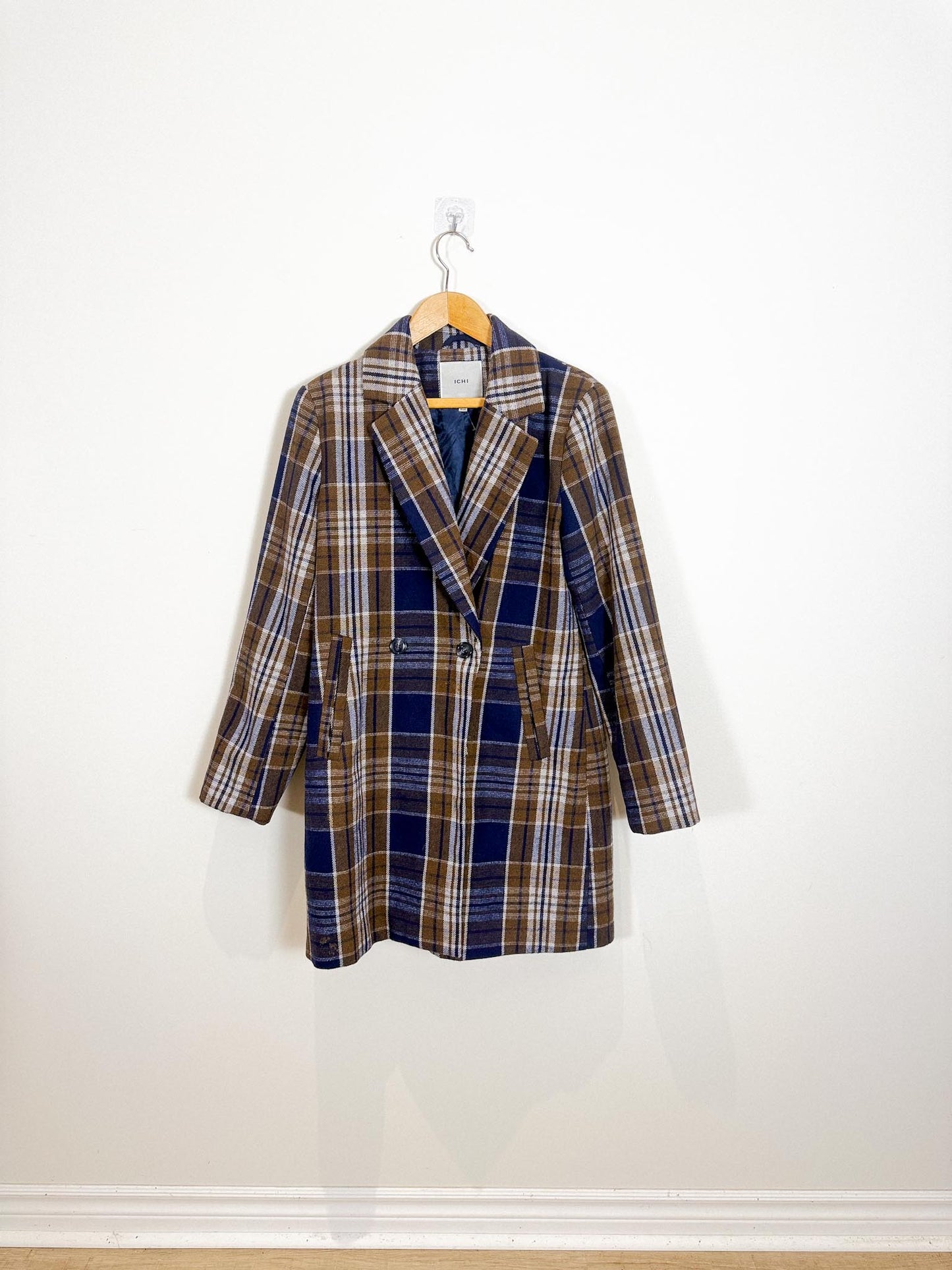 ICHI Plaid Coat in Navy/Brown (Size M/L)