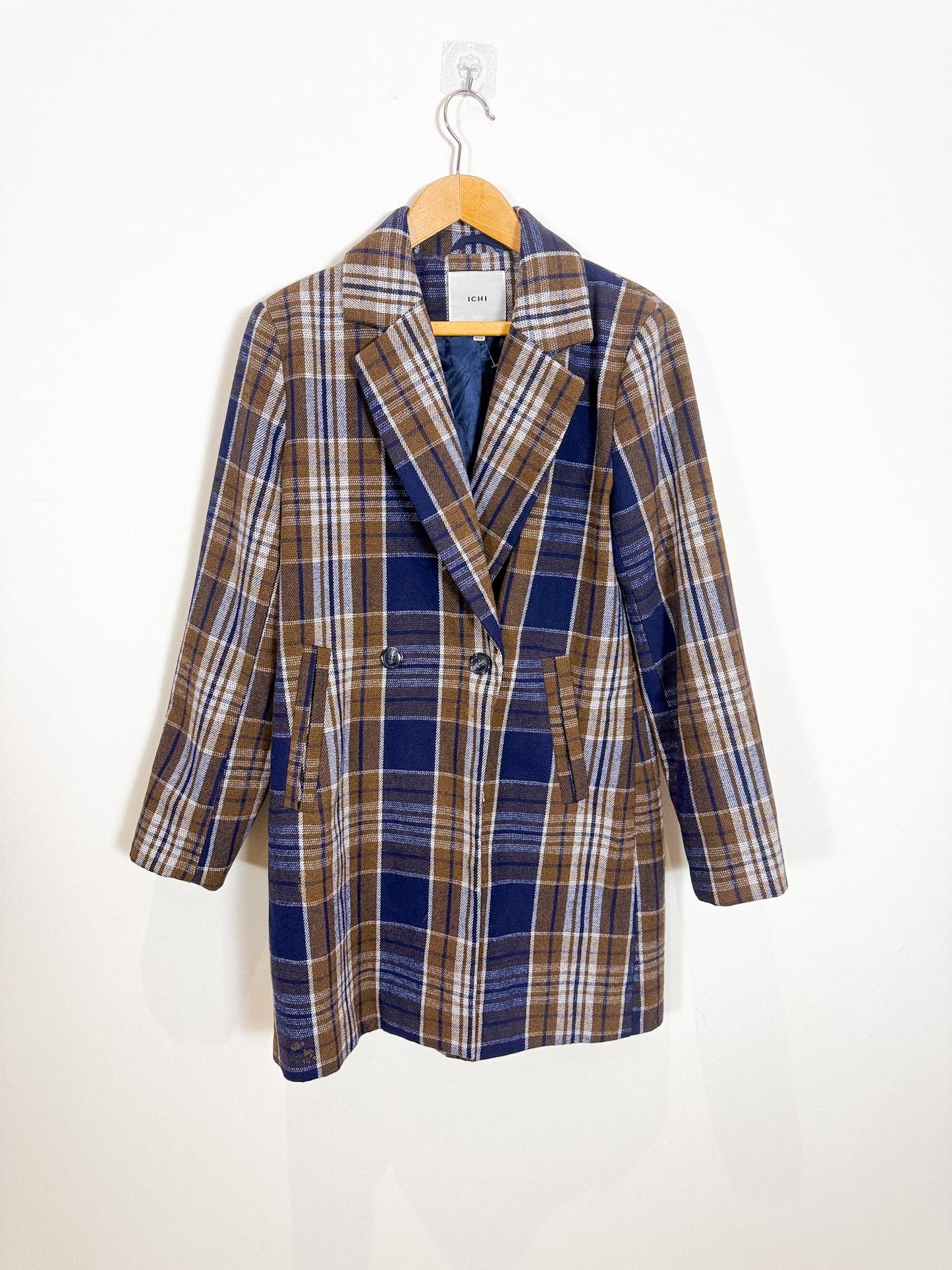 ICHI Plaid Coat in Navy/Brown (Size M/L)
